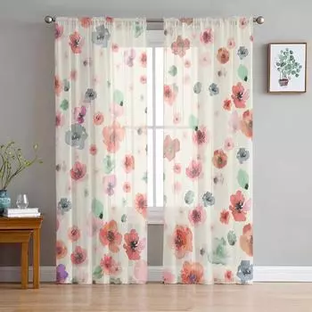 Тюлевые шторы с акварельными цветами и ручной росписью для гостиной, прозрачные занавески для спальни, кухни, жалюзи, вуаль, шторы 135W x 114H(cm)