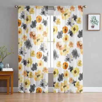 Тюлевые шторы с акварельными цветами, желтые, черные для гостиной, прозрачные занавески для спальни, кухни, жалюзи, вуаль, шторы 135W x 114H(cm)