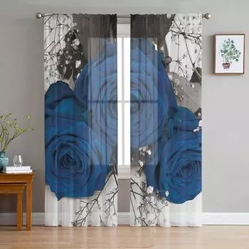 Тюлевые шторы с цветком голубой розы для гостиной, прозрачная вуаль с принтом, занавеска для спальни, оконные шторы, жалюзи, домашний декор W135 x H115cm x1