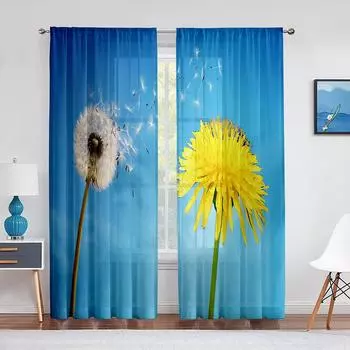 Тюлевые шторы с цветочным принтом «Одуванчик и ромашка» для гостиной, спальни, декор, синяя прозрачная вуаль, современные оконные занавески с принтом 1 PCS W100XH250cm&Rod Pocket