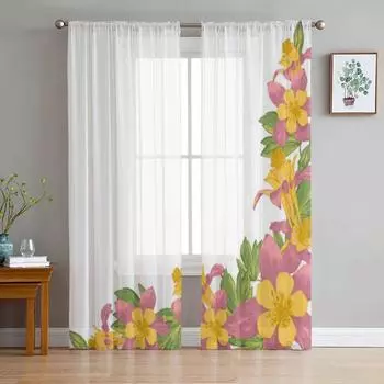 Тюлевые шторы с цветущими цветами в винтажном стиле для украшения гостиной, современная вуаль, шифоновые шторы для спальни, прозрачная вуаль 135W x 114H(cm)
