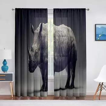 Тюлевые шторы с дикими животными, носорогом, серые, черные, для гостиной, спальни, украшения, прозрачная шифоновая занавеска из вуали 1 PCS W100XH250cm&Rod Pocket