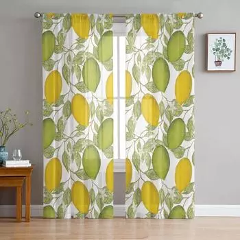 Тюлевые шторы с фруктами, лимоном и цветком для гостиной, прозрачные шторы для спальни, кухни, жалюзи, вуаль, шторы 135W x 114H(cm)