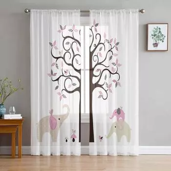 Тюлевые шторы с изображением деревьев и слонов для гостиной, кухни, прозрачная вуаль, занавеска для спальни, оконные панели 135W x 114H(cm)