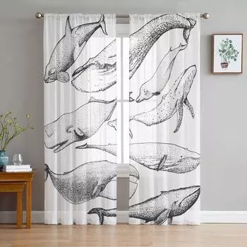 Тюлевые шторы с изображением кита и животного для украшения гостиной, современная шифоновая прозрачная вуаль, кухонная занавеска 135W x 114H(cm)