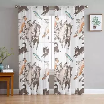 Тюлевые шторы с изображением кошки и рыбы для гостиной, прозрачные занавески для спальни, кухни, жалюзи, вуаль, шторы 135W x 114H(cm)