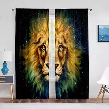 Тюлевые шторы с изображением льва, звездного неба для спальни, декора гостиной, шифоновая прозрачная вуаль, занавеска для балкона, кухни, домашняя драпировка 1 PCS W100XH250cm&Rod Pocket