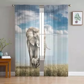 Тюлевые шторы с изображением слона и луга для гостиной, спальни, современные шифоновые прозрачные кухонные шторы 135W x 114H(cm)