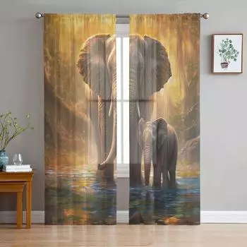 Тюлевые шторы с изображением слонового леса, прозрачные занавески для гостиной, оконные жалюзи для спальни, вуаль, занавески 135W x 114H(cm)