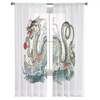 Тюлевые шторы с китайским драконом для гостиной, прозрачная вуаль с принтом, занавеска для спальни, оконные шторы, жалюзи, домашний декор W135 x H115cm x1
