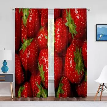 Тюлевые шторы с клубникой крупным планом спелые летние фрукты для украшения гостиной, спальни, шифоновая прозрачная вуаль, оконная занавеска 1 PCS W100XH250cm&Rod Pocket