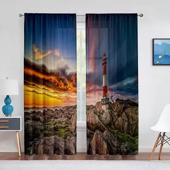 Тюлевые шторы с маяком, морским пейзажем, закатом и скалами для спальни, современные прозрачные шторы из вуали, украшения дома, кухонные оконные шторы 1 PCS W100XH250cm&Rod Pocket