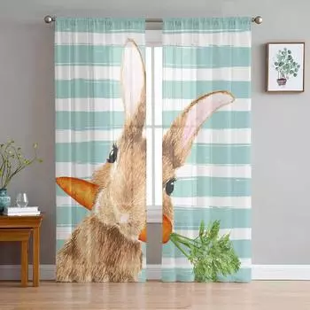 Тюлевые шторы с пасхальным кроликом и морковью в полоску для гостиной, прозрачные шторы для спальни, кухни, жалюзи, вуаль, шторы 135W x 114H(cm)