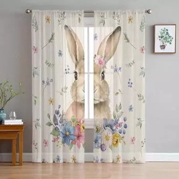 Тюлевые шторы с пасхальным кроликом и весенними цветами для гостиной, прозрачные занавески для спальни, кухни, жалюзи, вуаль, шторы 135W x 114H(cm)