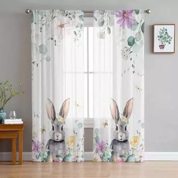 Тюлевые шторы с пасхальными яйцами, кроликом и цветами для гостиной, прозрачные занавески для спальни, кухни, жалюзи, вуаль, шторы 135W x 114H(cm)