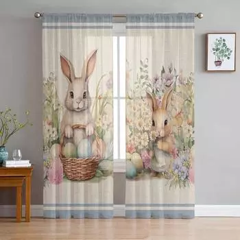 Тюлевые шторы с пасхальными яйцами, кроликом и цветами для гостиной, прозрачные шторы для спальни, кухни, жалюзи, вуаль, шторы 135W x 114H(cm)