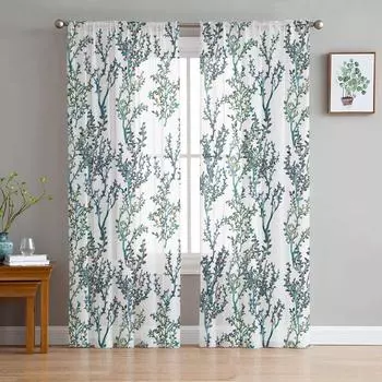 Тюлевые шторы с ручным рисунком ветвей растений для гостиной, прозрачные занавески для спальни, кухни, жалюзи, вуаль, шторы 135W x 114H(cm)