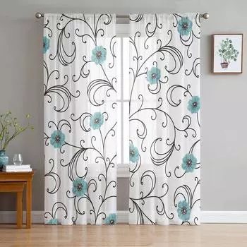Тюлевые шторы с синим цветочным узором для гостиной, прозрачные занавески для спальни, жалюзи, вуаль, шторы 135W x 114H(cm)