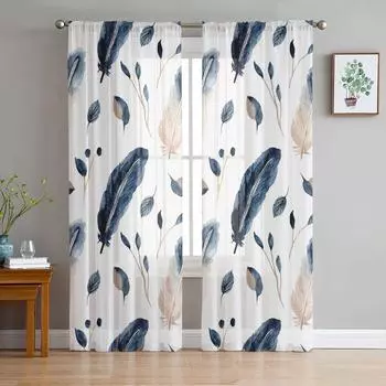 Тюлевые шторы с синими перьями павлина, шифоновая занавеска для гостиной, кухни, спальни, балкона, прозрачная занавеска, модный домашний декор 135W x 114H(cm)