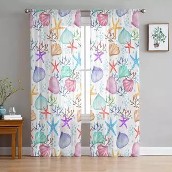 Тюлевые шторы с текстурой ракушки океана и морской звезды для гостиной, прозрачные занавески для спальни, кухни, жалюзи, вуаль, шторы 135W x 114H(cm)