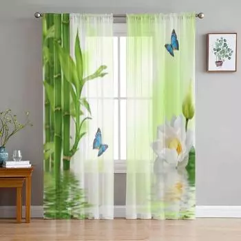 Тюлевые шторы с тропическими бабочками, бамбуком и лилией для украшения гостиной, современная вуаль, шифоновые шторы, прозрачные шторы для спальни 135W x 114H(cm)
