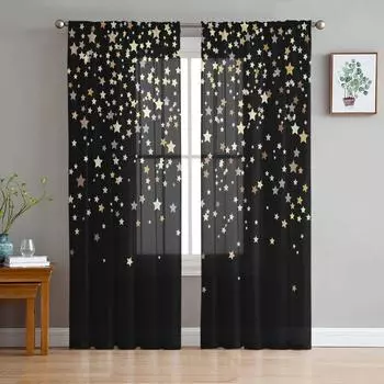 Тюлевые шторы с украшением в виде темных ночных звезд для гостиной, прозрачные занавески для спальни, вуаль, декоративные украшения для окон 135W x 114H(cm)
