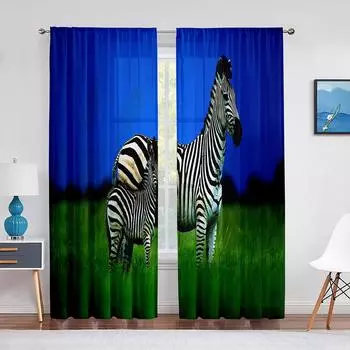 Тюлевые шторы «Семья зебры на траве» с изображением диких животных для гостиной, кухни, спальни, шифоновая прозрачная вуаль, занавеска, оконные шторы 1 PCS W100XH250cm&Rod Pocket