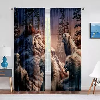 Тюлевые шторы «Стая волков в зимнем лесу» в стиле фэнтези для гостиной, спальни, шифоновая прозрачная вуаль, кухонные оконные занавески, шторы 1 PCS W100XH250cm&Rod Pocket