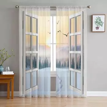 Тюлевые шторы «Восход снега» для гостиной, спальни, украшение, шифоновая прозрачная вуаль, кухонные оконные занавески, шторы 1 PCS W100XH250cm&Rod Pocket