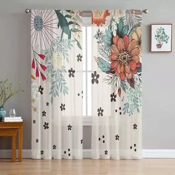 Тюлевые шторы в стиле бохо с абстрактными цветами и растениями для гостиной, прозрачные занавески для спальни, кухни, жалюзи, вуаль, шторы 135W x 114H(cm)