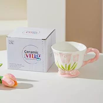 Tulip Ceramic Cup Hand Painted Relief High looking Coffee Cup Mug Girl Heart Home Water Cup Souvenir 301-400ml