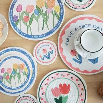 Tulip Flower Print Coaster Heat Insulation Cup Mat Woven Cotton Placemat Table Decoration 12CM-Style B