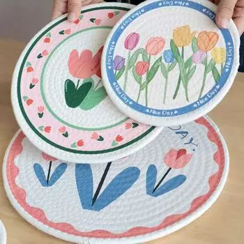 Tulip Flower Print Woven Cotton Placemat Anti-scalding Cup Mat Table Mats Coaster Table Decoration 12CM-Style A
