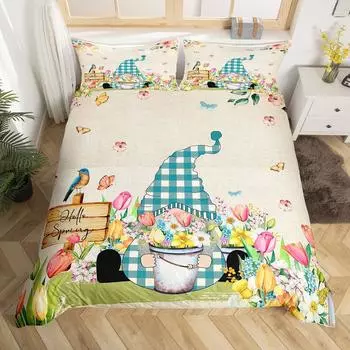 Tulip Gnome King Queen Duvet Cover Butterfly Floral Bedding Set Spring Garden Botanical Quilt Cover Polyester Comforter Cover 70x133cm 2pcs