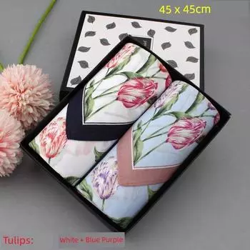 Tulip High Quality Ultra-Thin Small Square Towel Environmental-Friendly Handkerchief Tulip: White + Blue Purple
