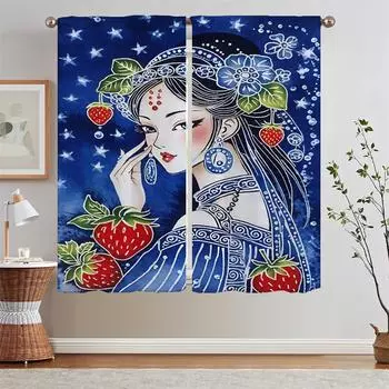 Tulle in Kitchen Curtains Ethnic Style Strawberry Girl Luxury Living Room Curtains Offers Tentacles Fabric Curtain Tiebacks the W50xH70cmx2pcs-CL