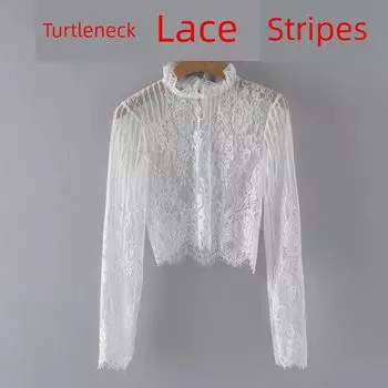 Tulle Lace Long Sleeves T-shirt Fall and Winter New Short High Waist Hollow-out Elegant Short Top Turtleneck Ruffled Bottoming Shirt T White L