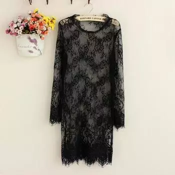 Tulle Mid-Length Mesh Lace Shirt Long sleeve New Inner wear Outdoor Cover up Casual Temperament Korean Style Gauze Outerwear Black eyelash collar 2XL