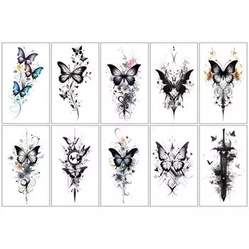 Tulshop Kitsch Butterfly Color Semi-Permanent Tattoo Sticker Водонепроницаемая эмоциональная хна Fashion Tattoo 10 листов Нет. 98, Б, 1 комплект