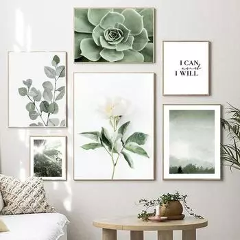 Туманный лес, цветок пиона, сочные листья, плакаты на скандинавскую тему и принты, настенная живопись на холсте, настенные панно для декора гостиной 21x30cm No Framed