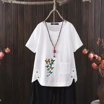 Туника из экологически чистой льняной смеси: Дышащий хлопковый топ с V-образным вырезом для повседневной женской одежды [европейский стиль] S белый