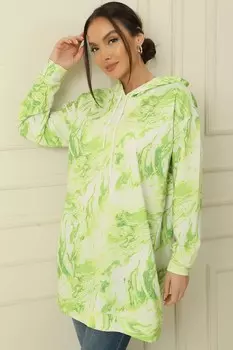 Туника оверсайз из плотного чесаного хлопка с капюшоном и узором батик, 2 нитки