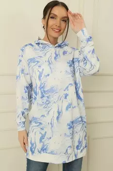 Туника оверсайз из плотного чесаного хлопка с капюшоном и узором батик, 2 нитки