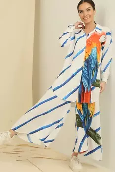 Туника с боковыми разрезами, рубашка, эластичный пояс, карманы, брюки-палаццо, с рисунком попугая, вискоза, комплект из 2 предметов оверсайз