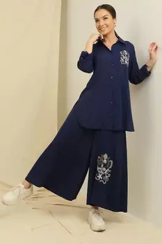 Туника с боковыми разрезами, рубашка, эластичный пояс, карманы, брюки Palozzo, комплект из 2 предметов оверсайз с вышивкой