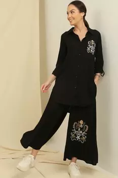 Туника с боковыми разрезами, рубашка, эластичный пояс, карманы, брюки Palozzo, комплект из 2 предметов оверсайз с вышивкой