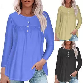 Туника с длинным рукавом для женщин, свободный крой с круглым вырезом, повседневная осенняя одежда на пуговицах, однотонные толстовки M бежевый