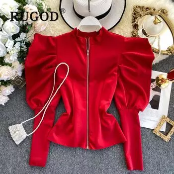 Туника с пышными рукавами, блузка, женская модная рубашка на молнии с длинным рукавом, красная, черная, белая блузка Average code красный