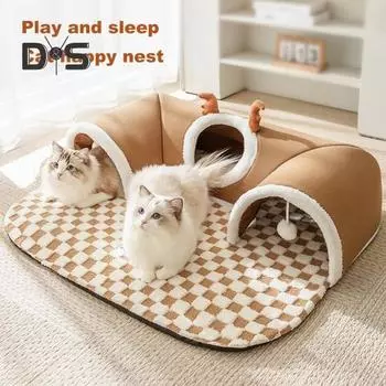 Туннель для кошек, теплые рога, кошачья пещера-гнездо, кошачья труба с плюшевым мячом, съемный домик для маленьких животных для кошечки-кролика M B