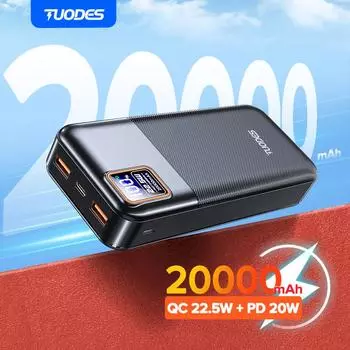 Tuodes Power Bank 20000 мАч PD20W Внешний большой аккумулятор емкостью 22,5 Вт Портативное зарядное устройство с быстрой зарядкой для iPhone Samsung Xiaomi